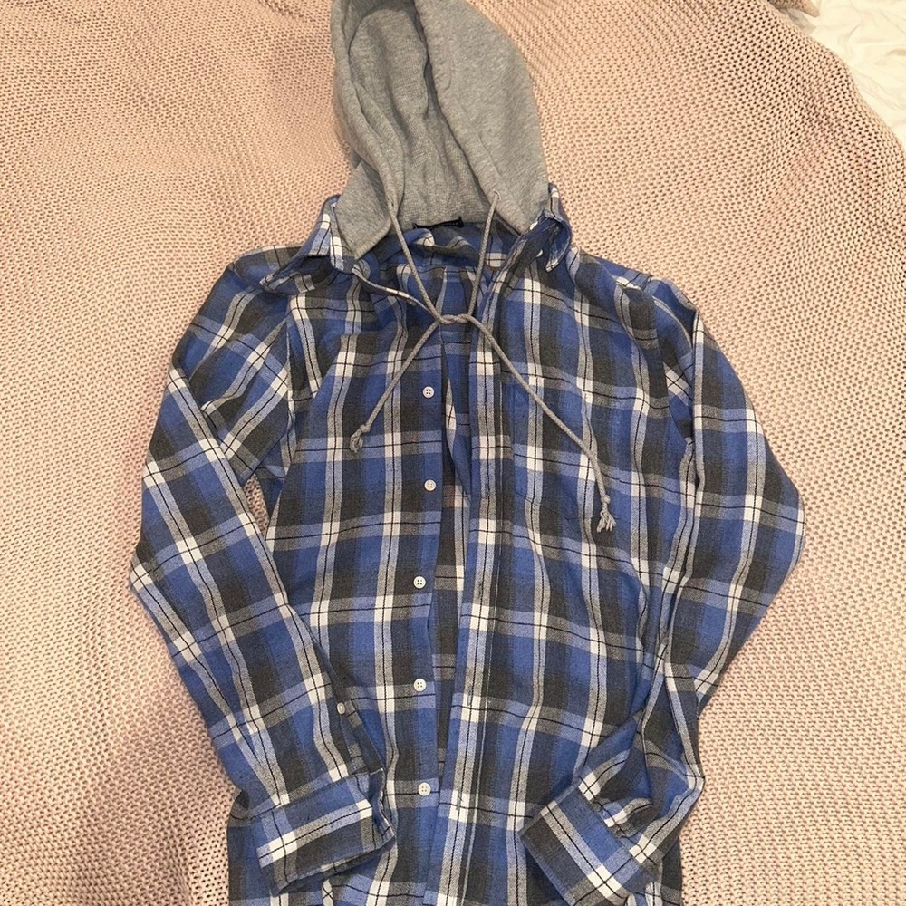 Blue flannel with the gray hood attached